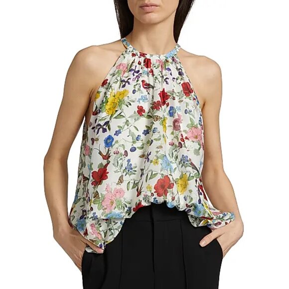 Alice + Olivia 'Erna' Cotton-Silk Bird/Floral Print Sleeveless Halter Top, Multi - Picture 2 of 5